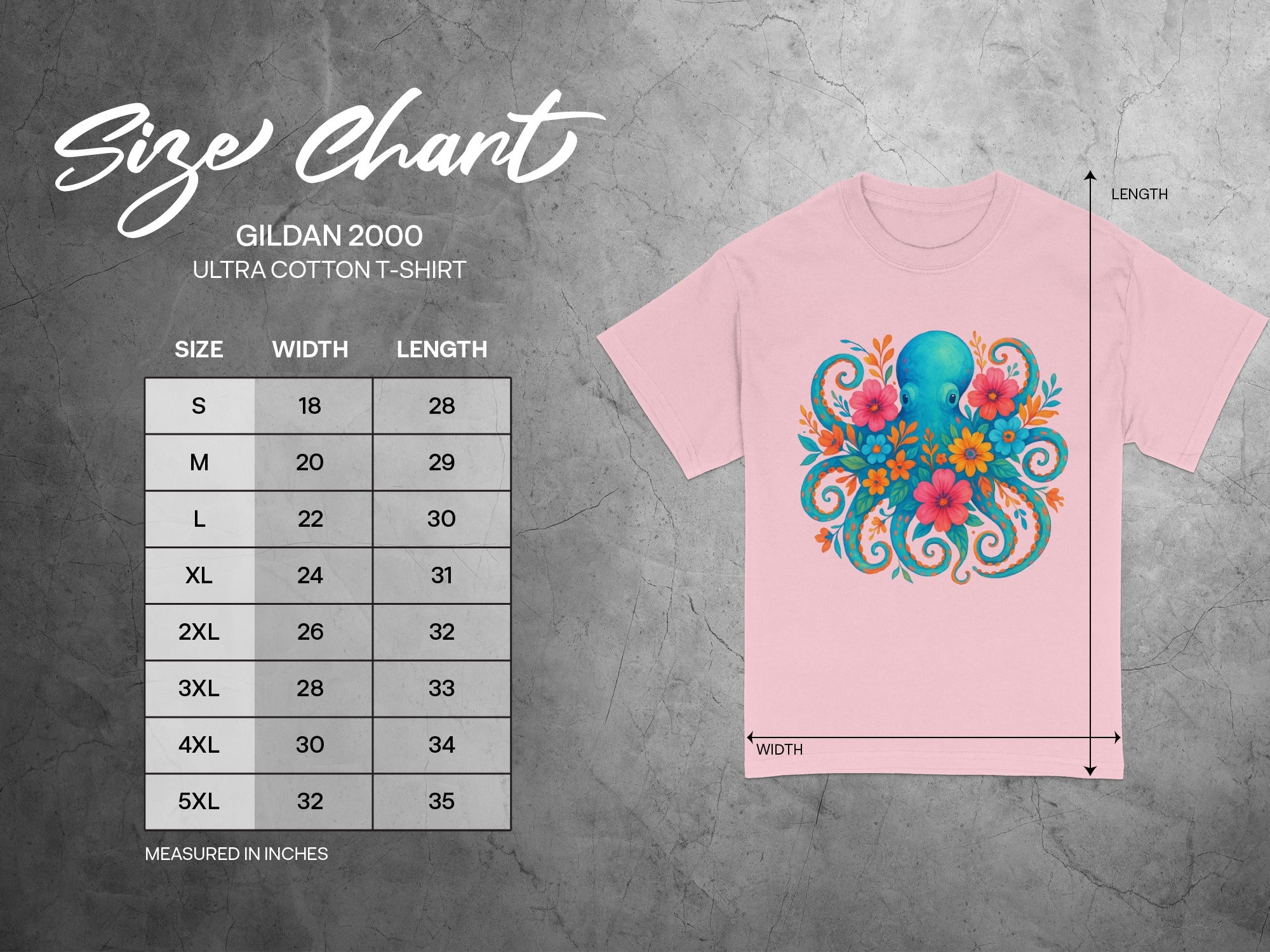 Gildan 2000 Ultra Cotton t-shirt size chart with octopus graphic.