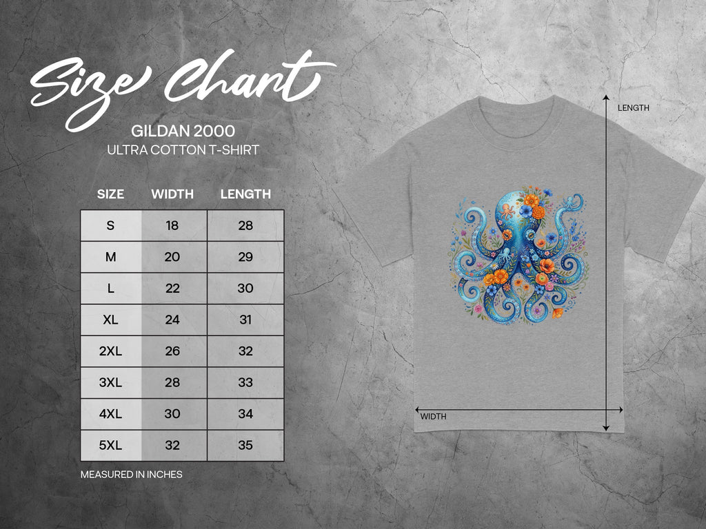 Gildan 2000 Ultra Cotton t-shirt size chart with octopus graphic.