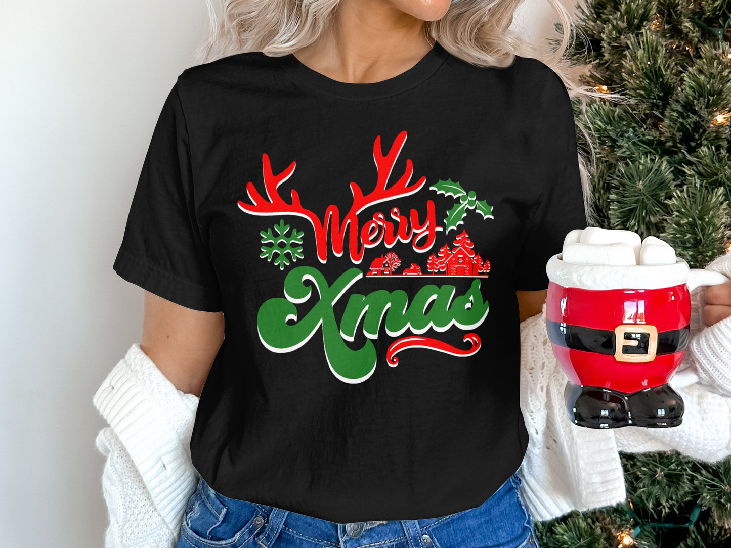 Festive Merry Xmas T-Shirt with Red and Green Design