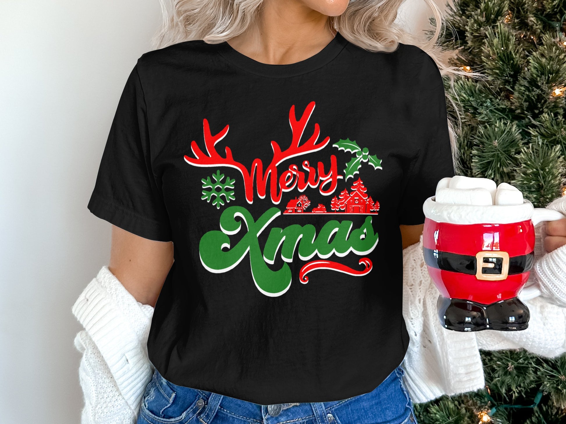 Festive Merry Xmas T-Shirt with Red and Green Design