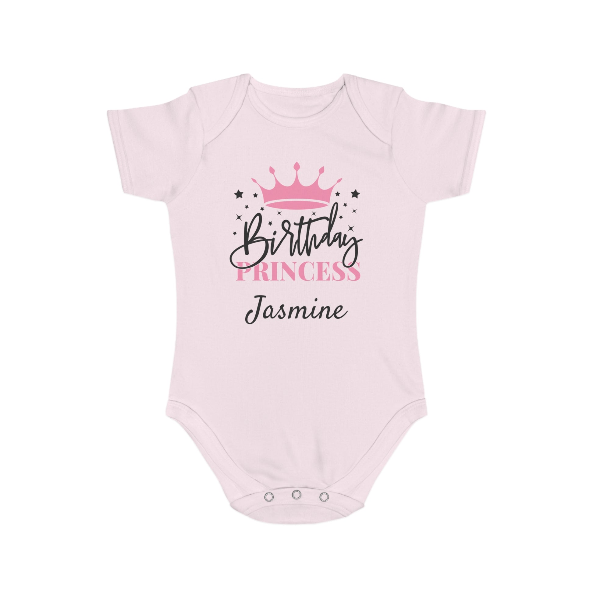 Pink baby onesie with "Birthday Princess Jasmine" and crown design.
