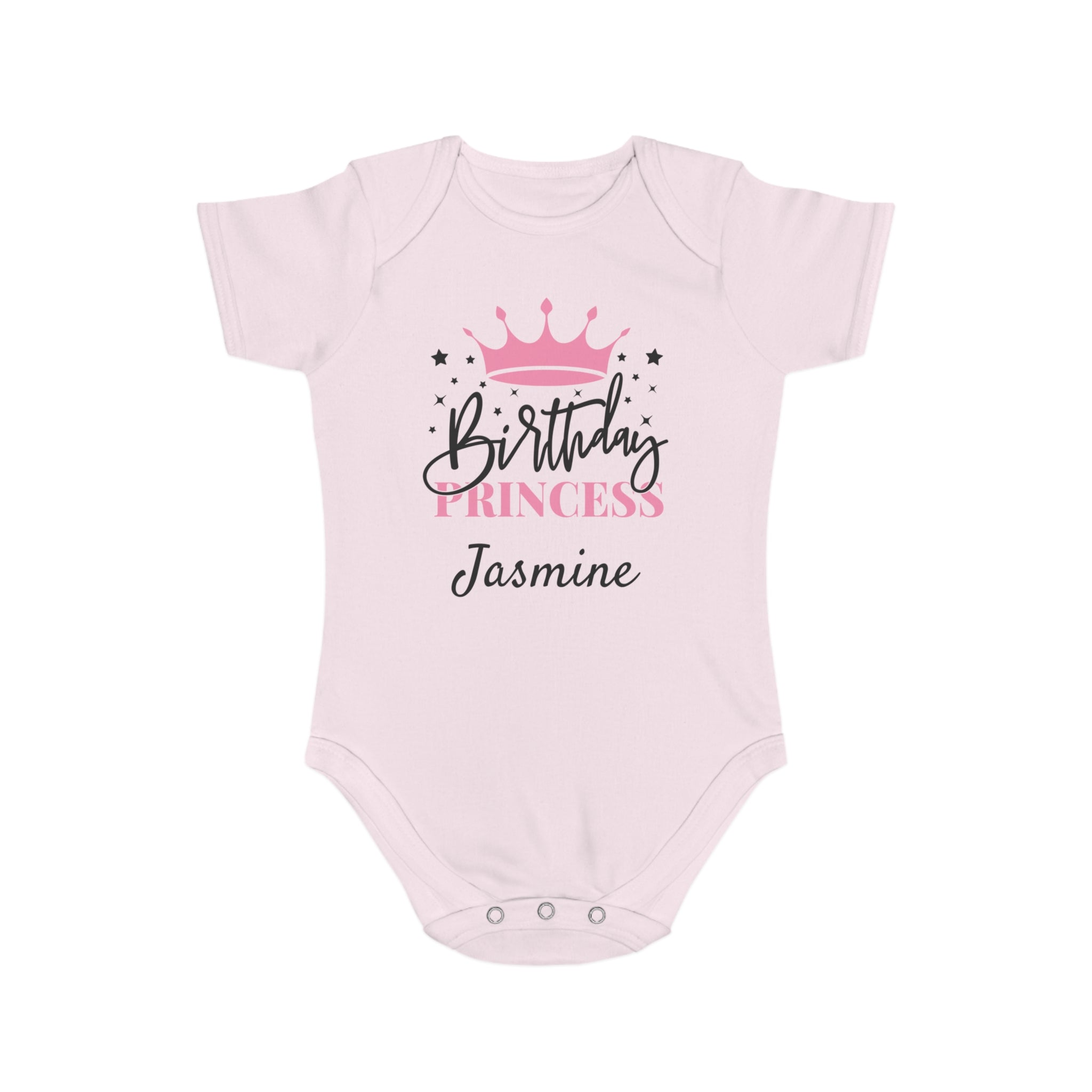 Pink baby onesie with "Birthday Princess Jasmine" and crown design.