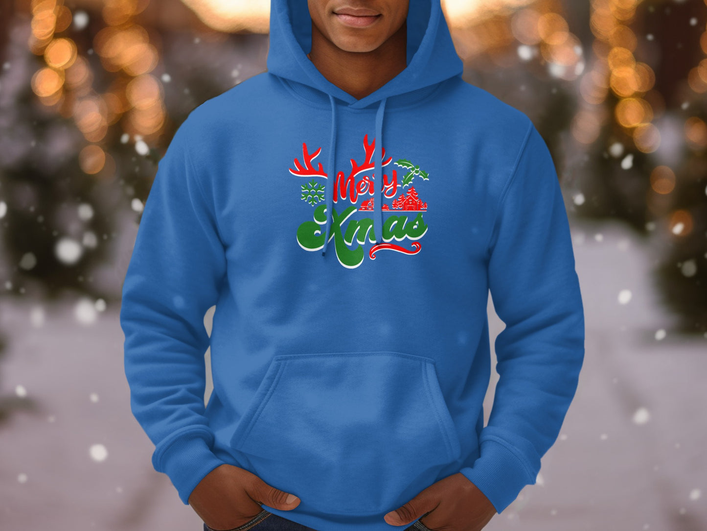 Festive Blue Hoodie with Merry Xmas Reindeer Design