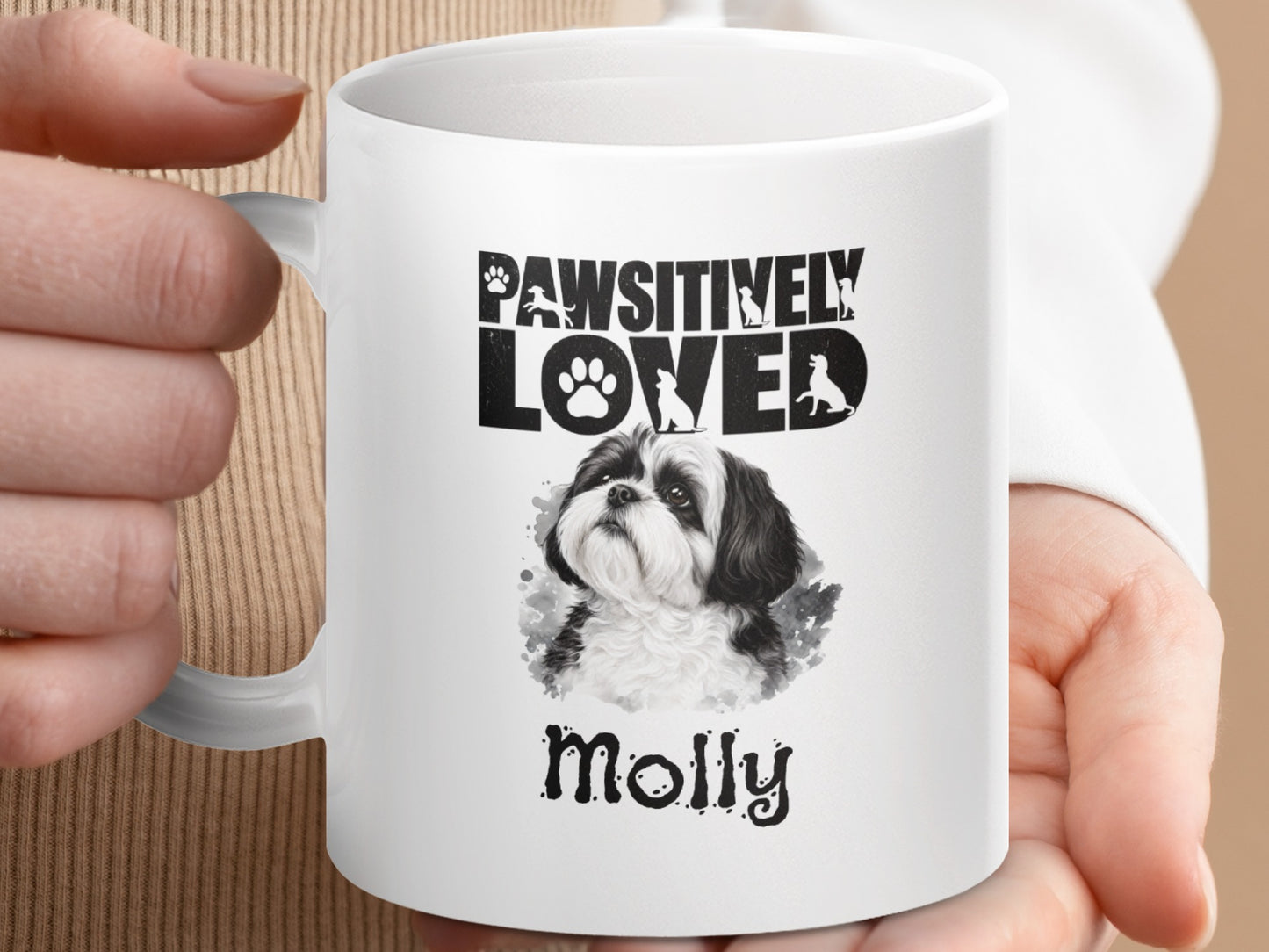 Mug with "Pawsitively Loved" text and a black and white Shih Tzu portrait named Molly.