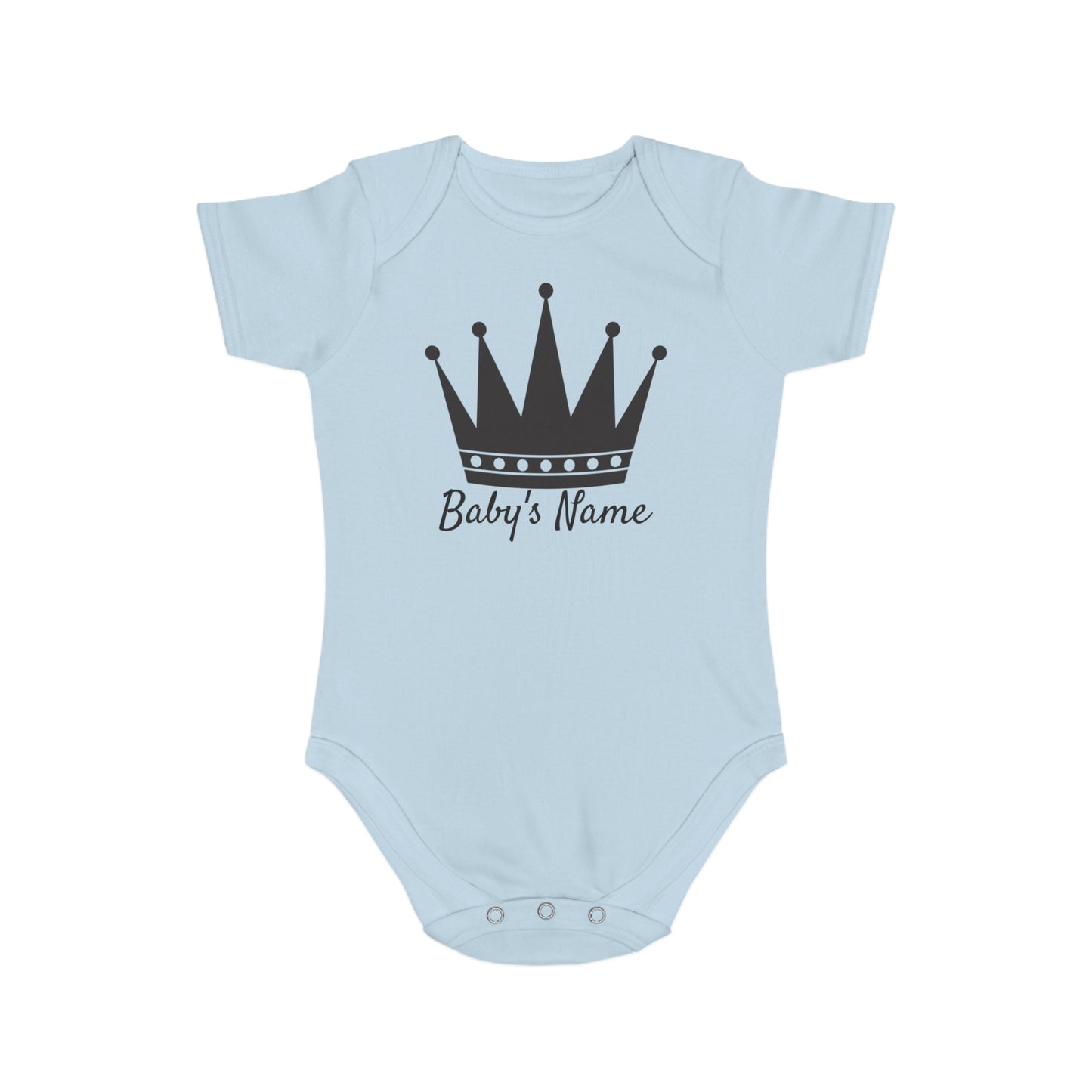 Light blue baby bodysuit with a black crown and "Baby's Name" text.