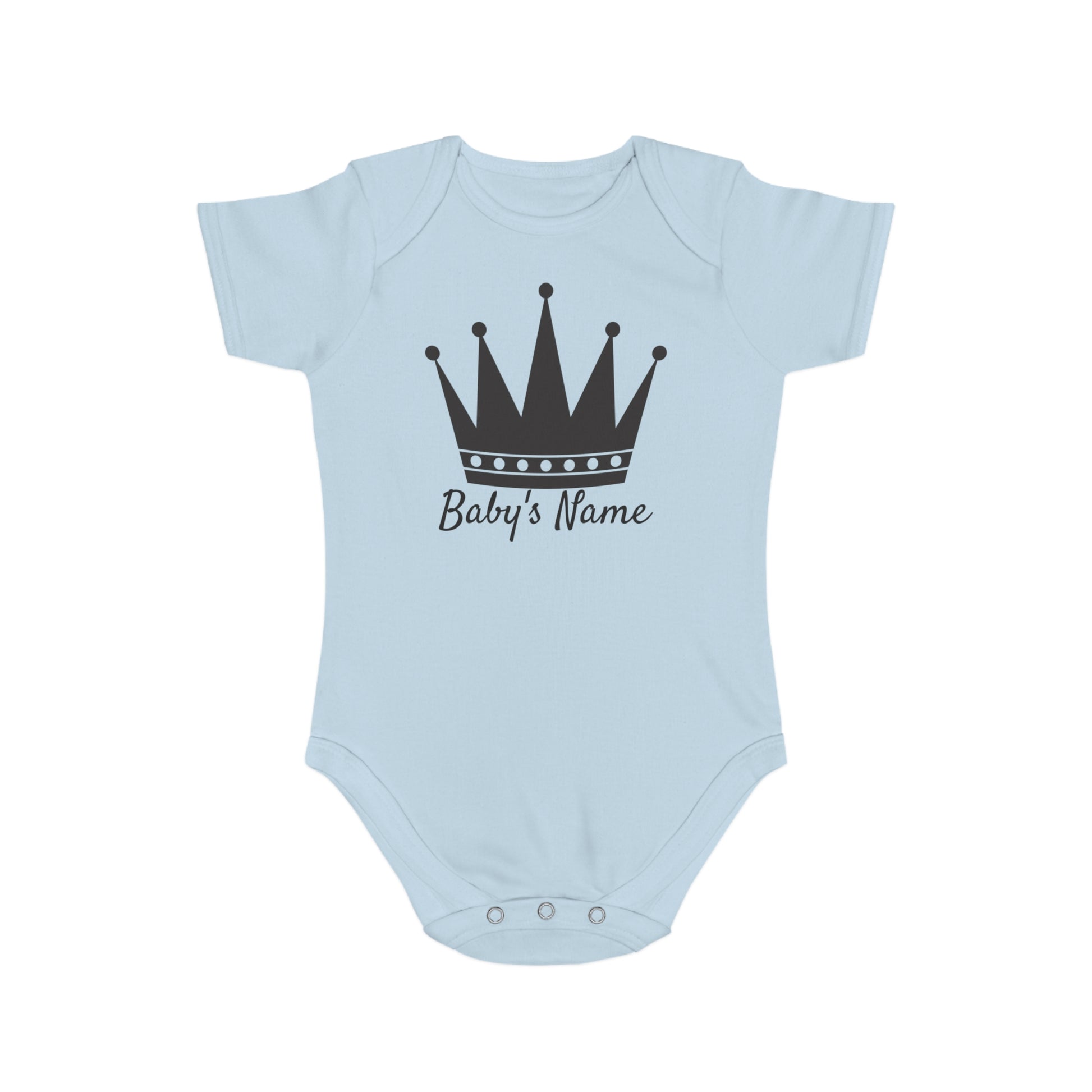 Light blue baby bodysuit with a black crown and "Baby's Name" text.
