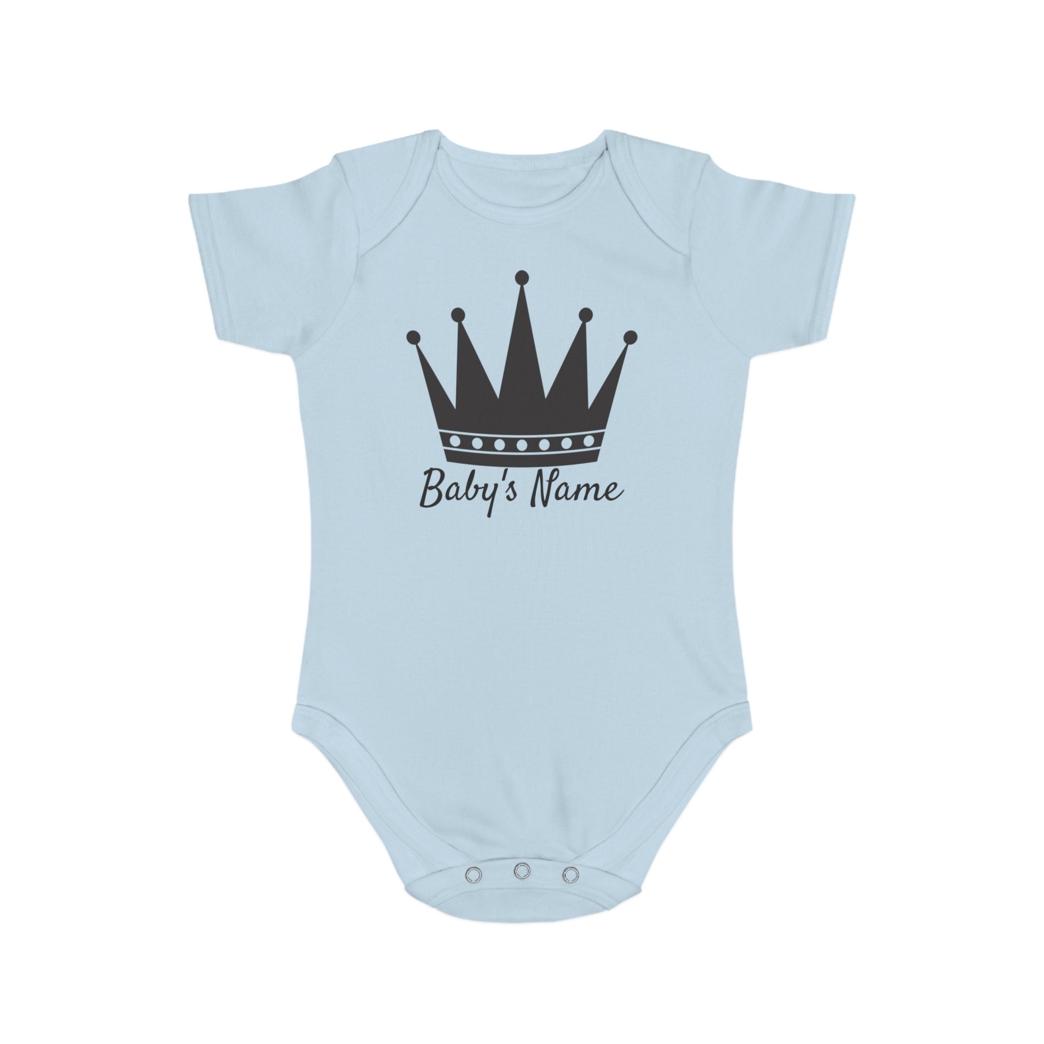 Light blue baby bodysuit with a black crown and "Baby's Name" text.