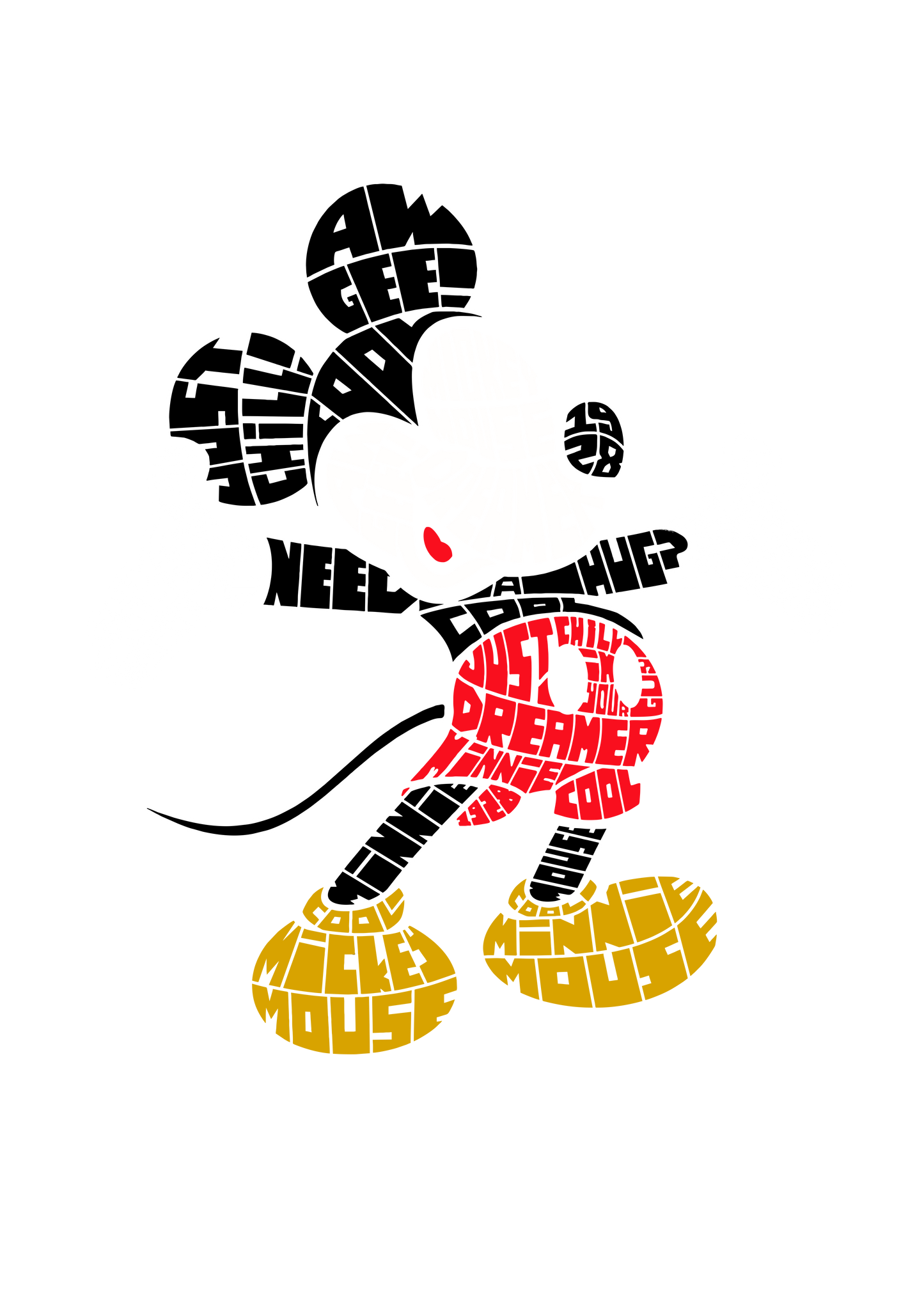 Mickey Mouse silhouette composed of words and phrases in black, white, and red.