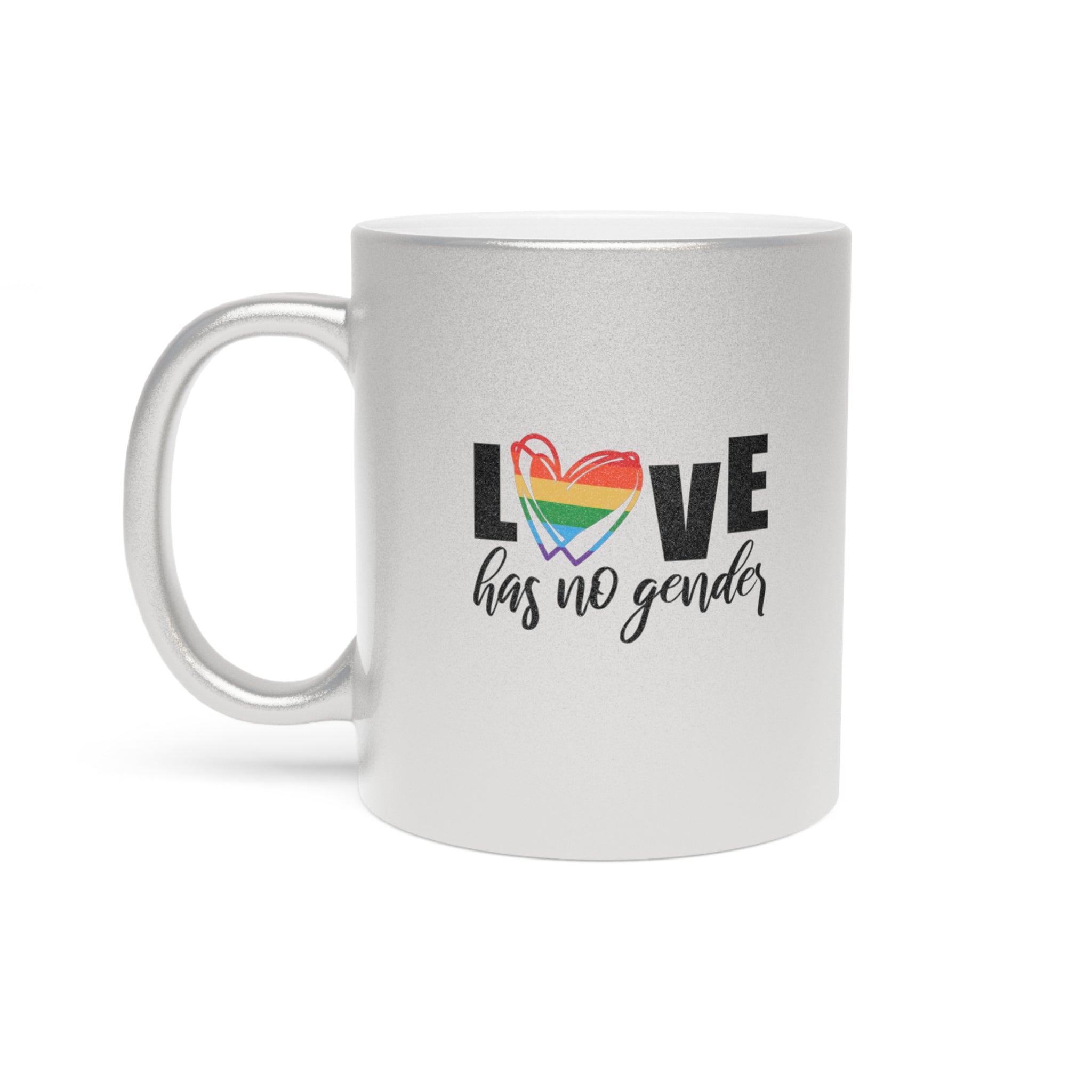 Silver mug with "LOVE" text and a rainbow heart, "has no gender" below.