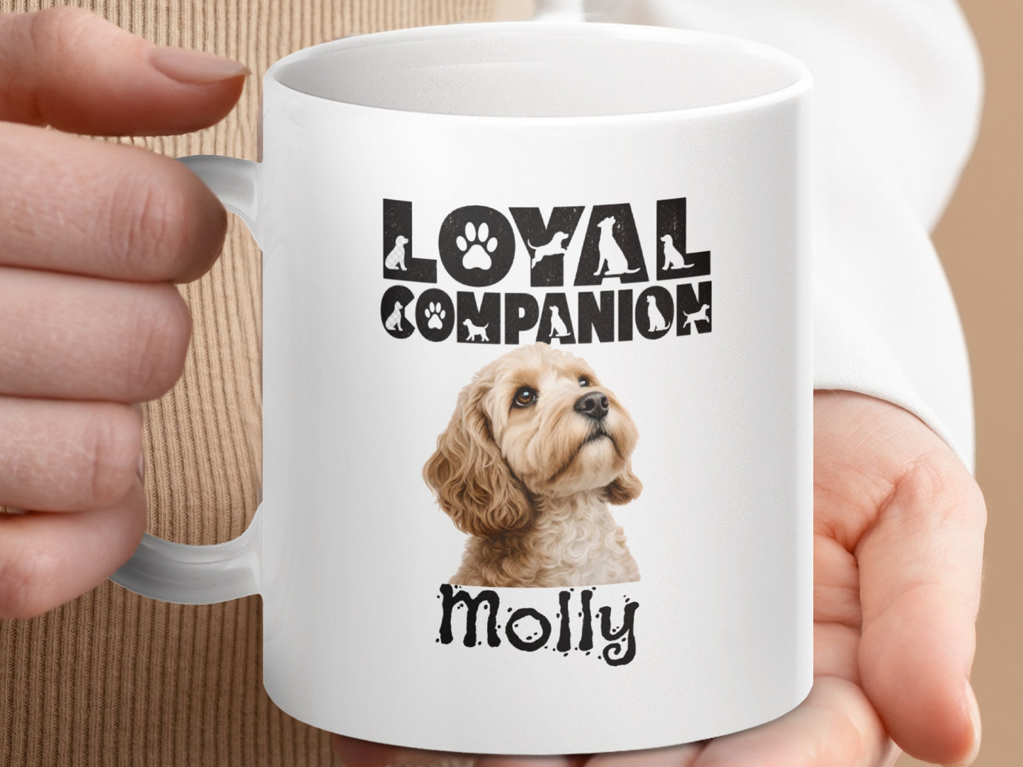White mug with "Loyal Companion" text, dog silhouettes, and a fluffy dog named Molly.