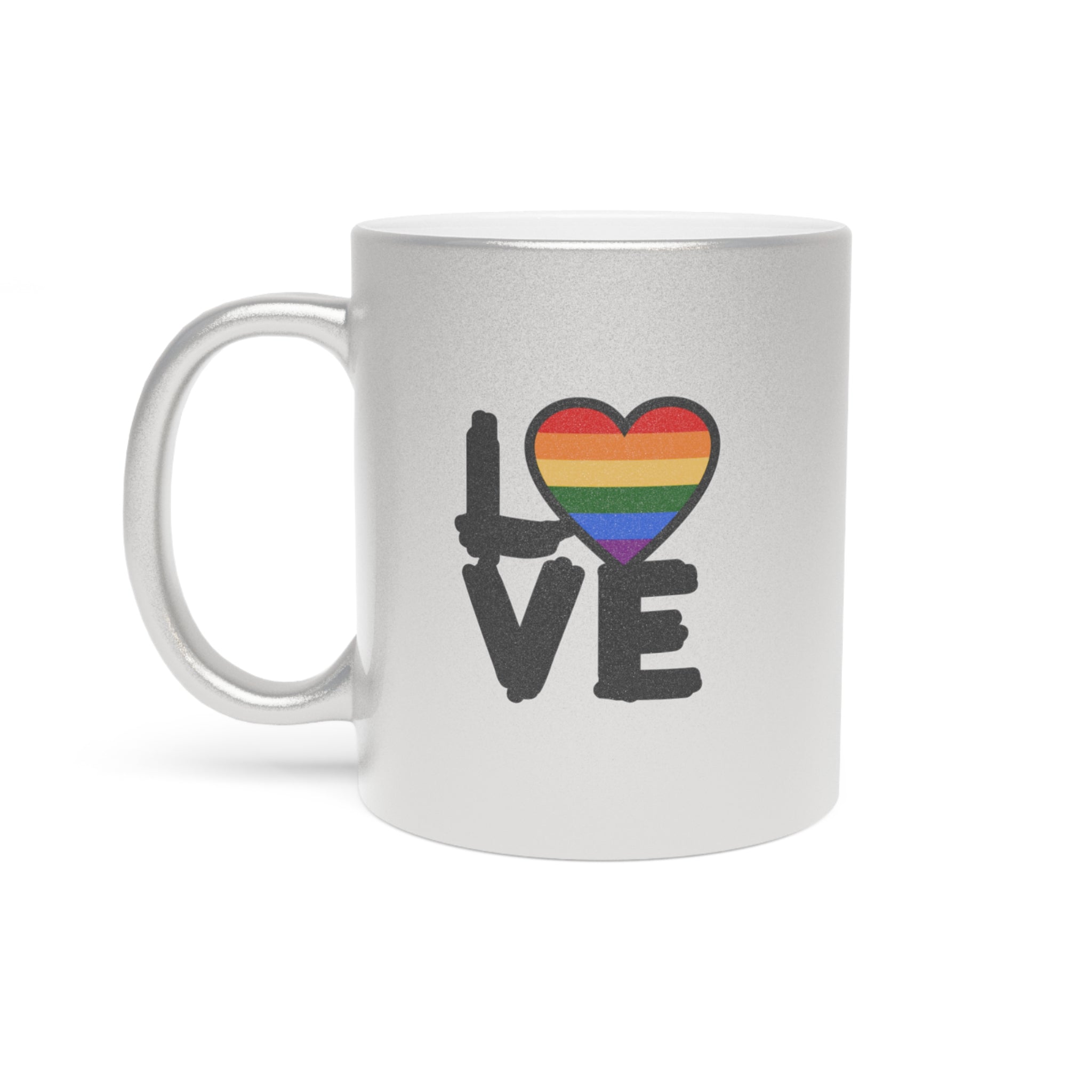 Silver mug with black "LOVE" design featuring a rainbow heart.