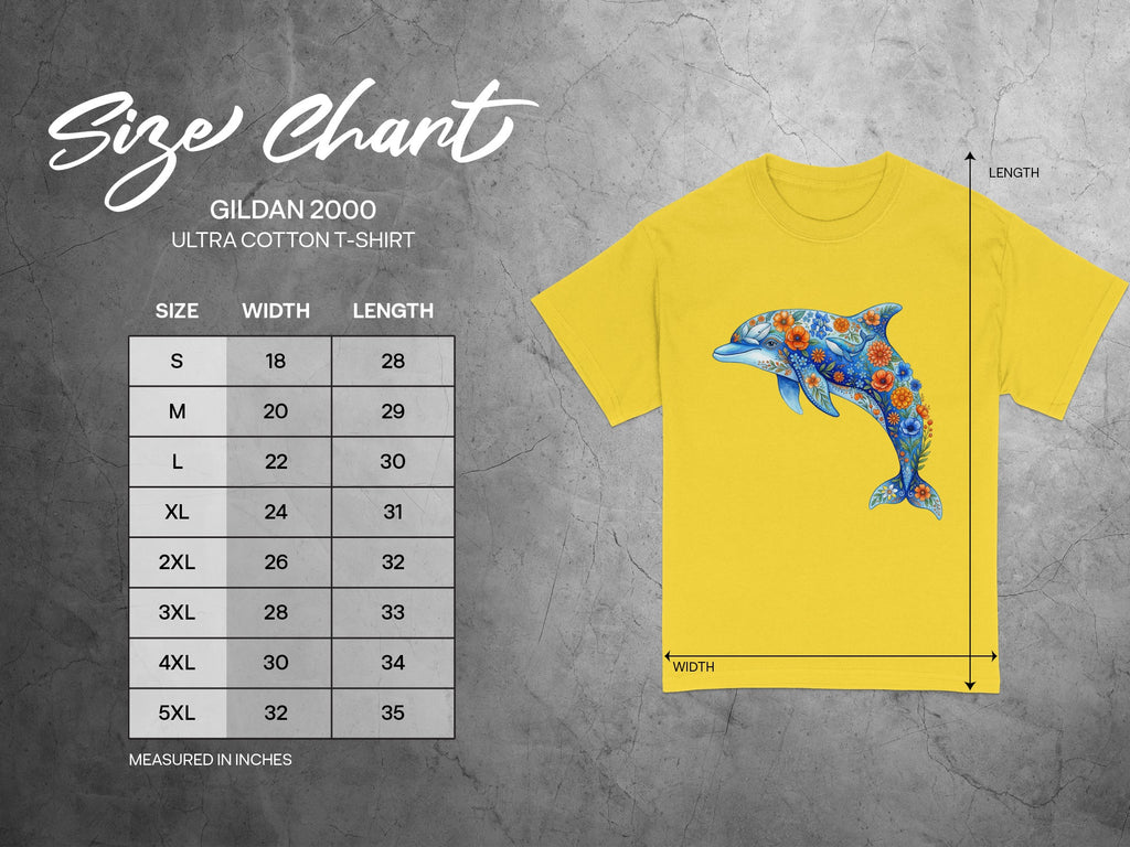 Gildan 2000 Ultra Cotton t-shirt size chart with floral dolphin graphic.