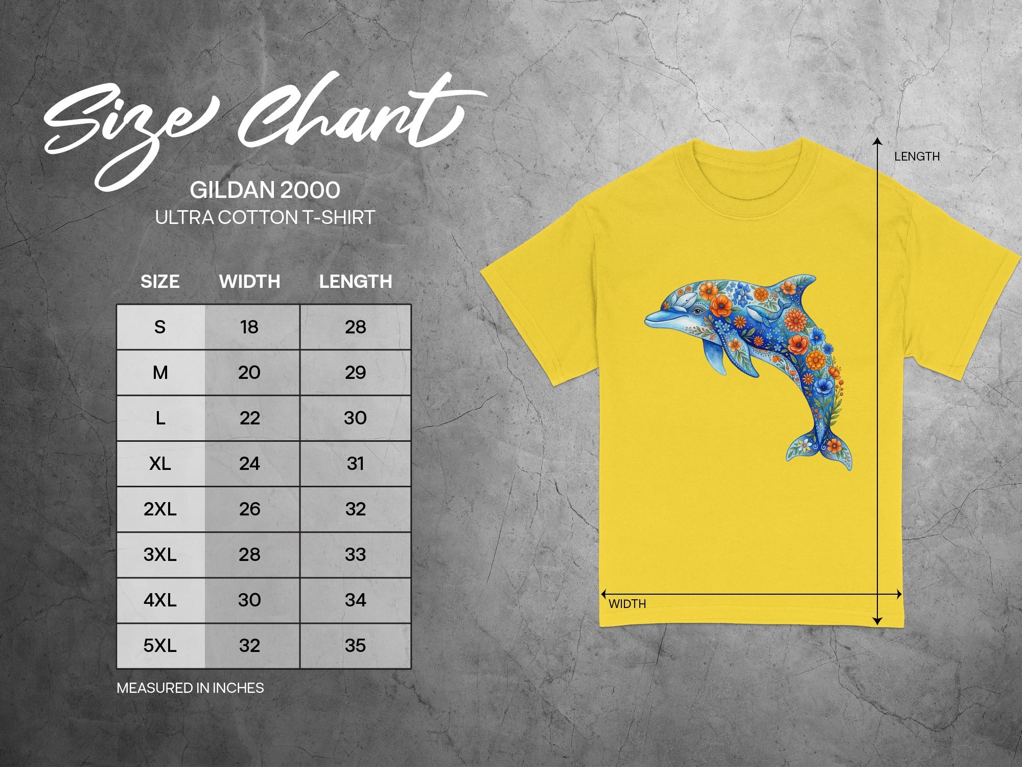 Gildan 2000 Ultra Cotton t-shirt size chart with floral dolphin graphic.