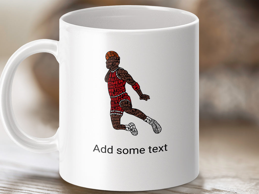 White mug with silhouette of basketball player made of words.