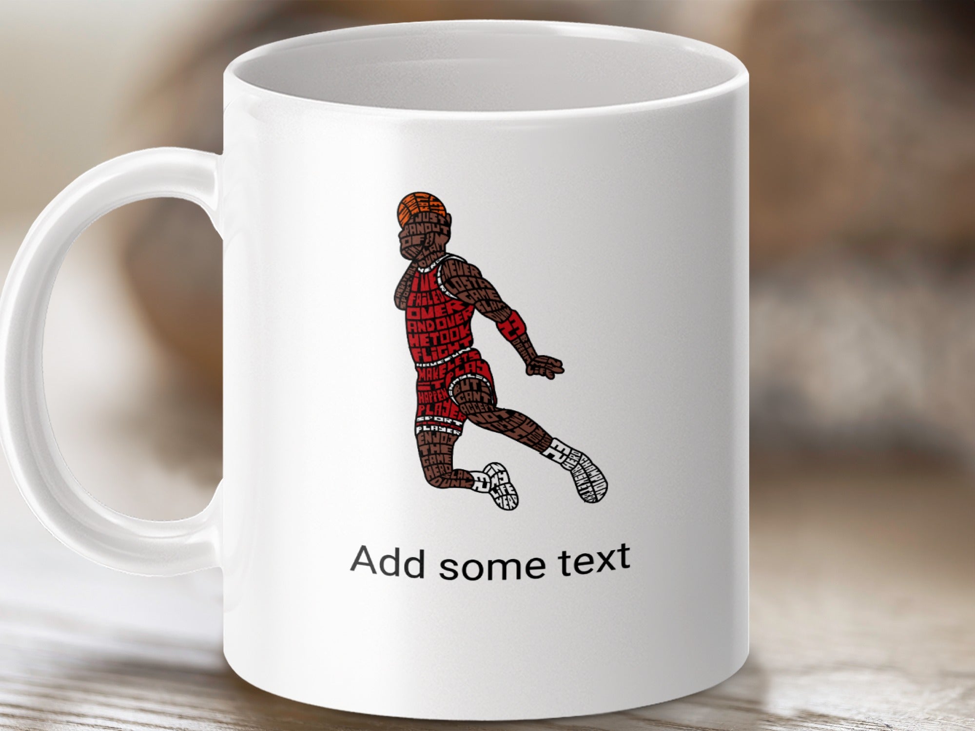 White mug with silhouette of basketball player made of words.