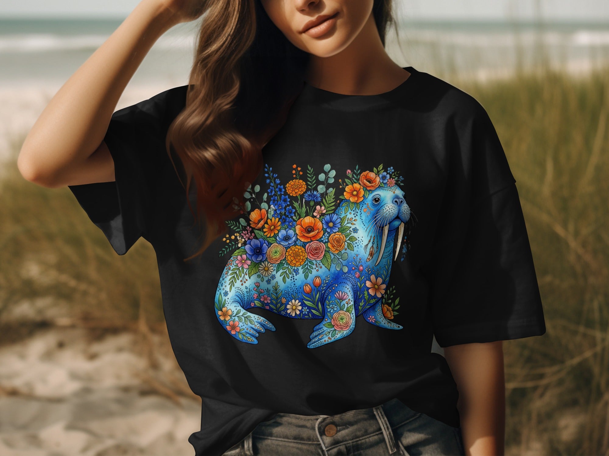Black t-shirt featuring a blue walrus adorned with colorful flowers and floral patterns.