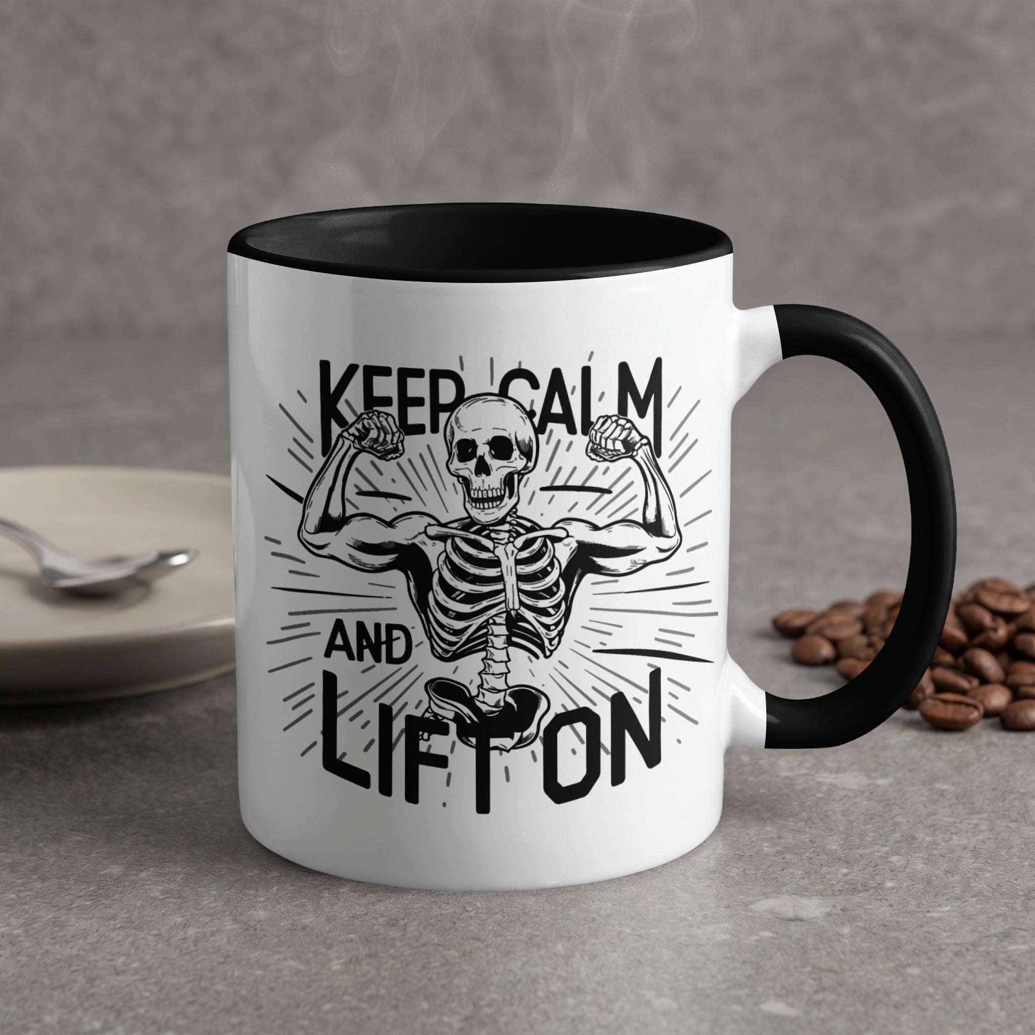 White mug with black rim featuring a skeleton flexing and text "Keep Calm and Lift On".