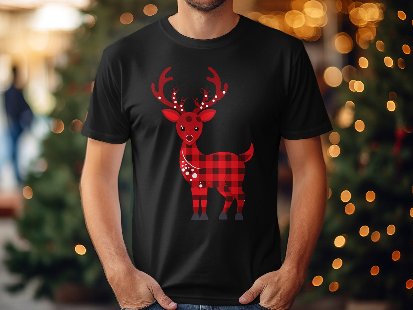 Festive Red Plaid Reindeer Graphic Tee Christmas Shirt