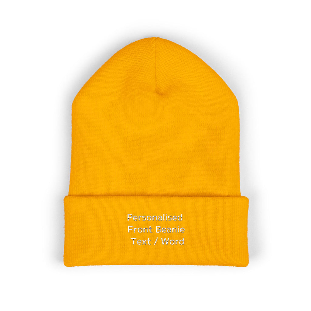 Yellow knitted beanie with "Personalised Front Beanie Text / Word" embroidery.