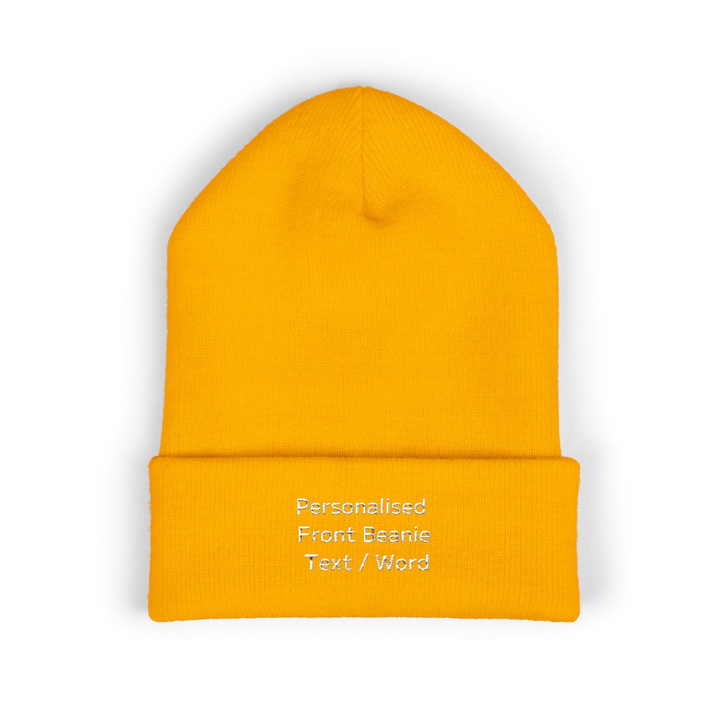 Yellow knitted beanie with "Personalised Front Beanie Text / Word" embroidery.