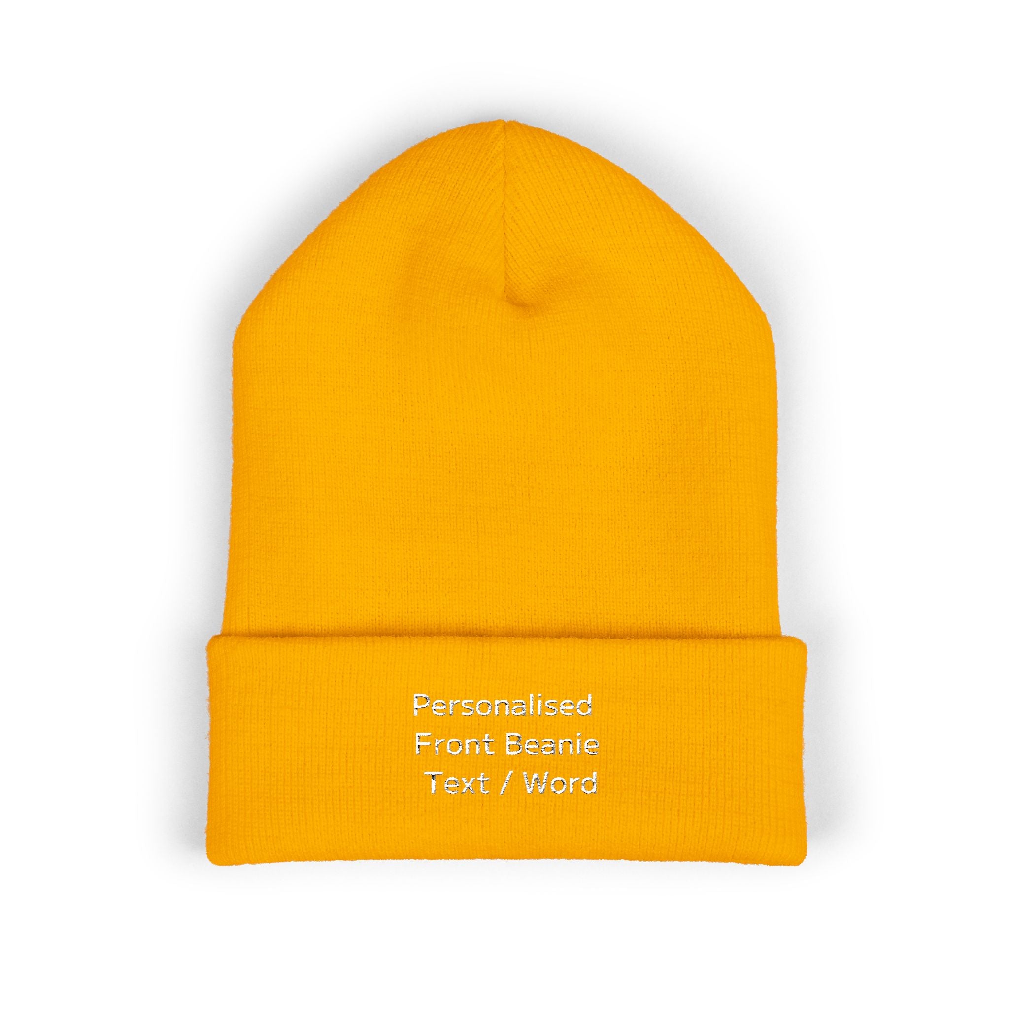 Yellow knitted beanie with "Personalised Front Beanie Text / Word" embroidery.