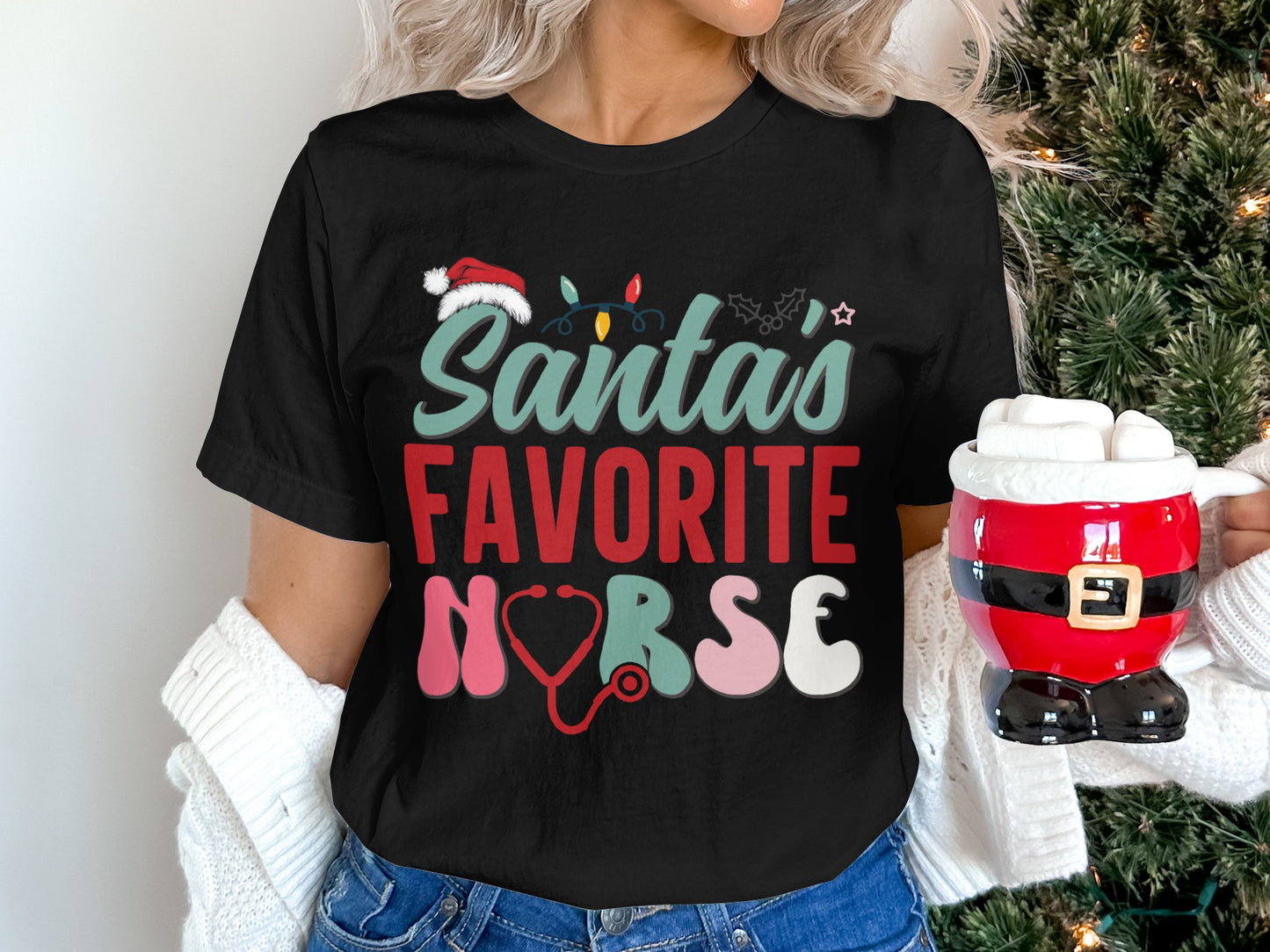 Santa's Favorite Nurse Festive Holiday Graphic Shirt