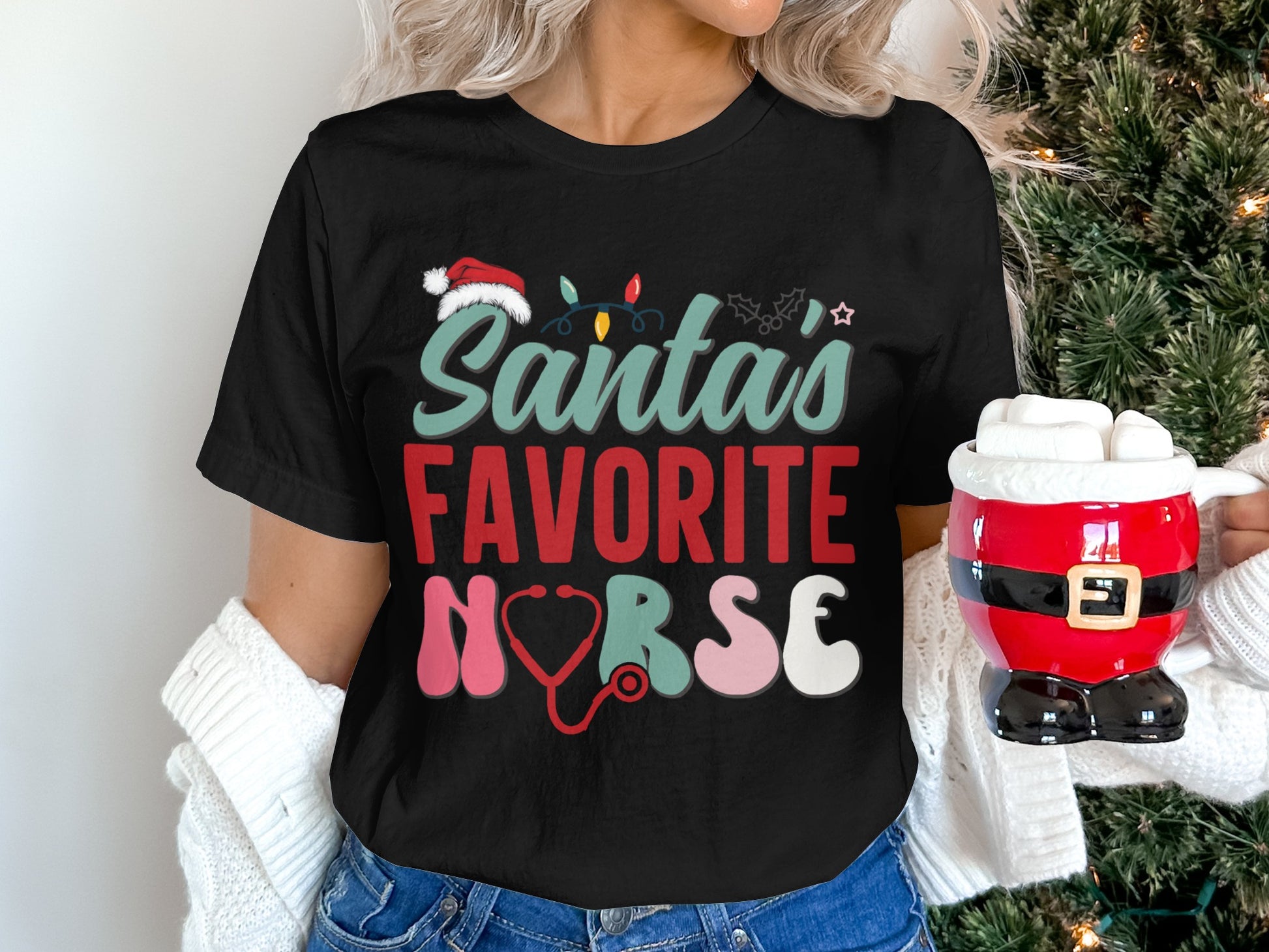 Santa's Favorite Nurse Festive Holiday Graphic Shirt