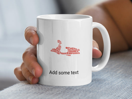 White mug with red word art forming a scooter and text "Add some text".