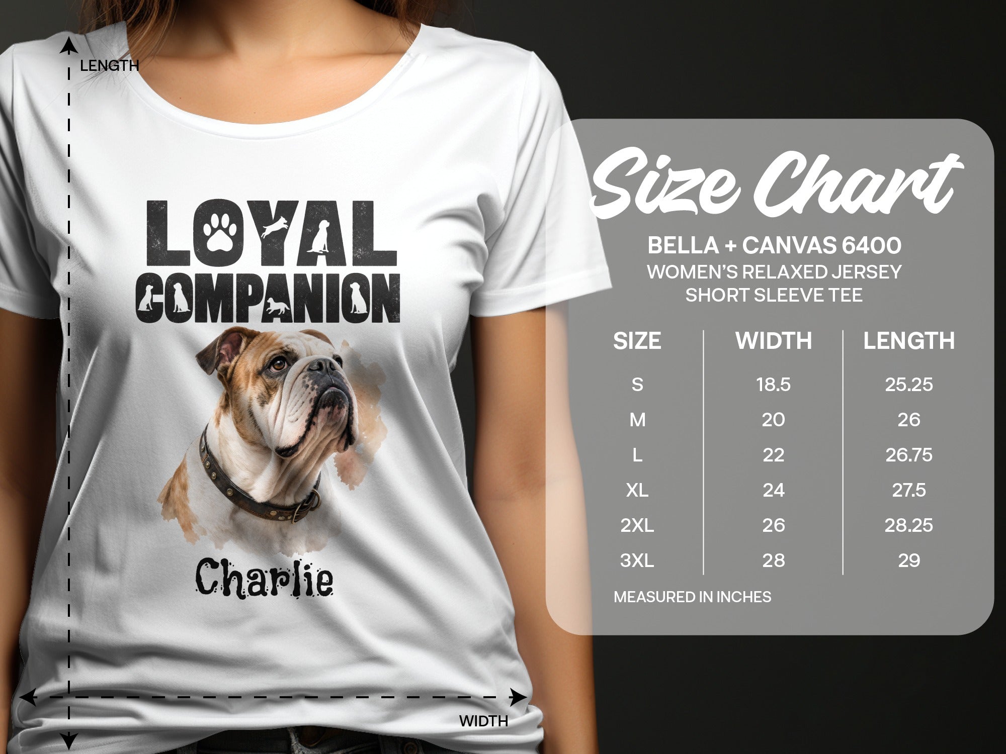 White t-shirt with bulldog graphic, "Loyal Companion" text, and size chart.