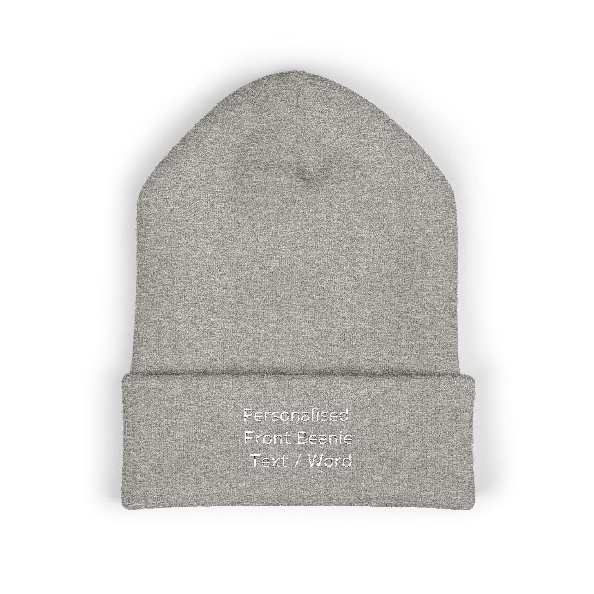 Grey knitted beanie with white embroidered text: "Personalised Front Beanie Text / Word".
