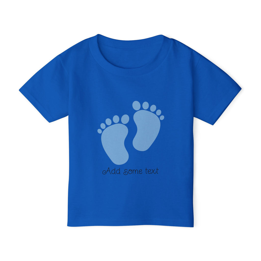 Blue t-shirt with light blue footprint graphic and text.