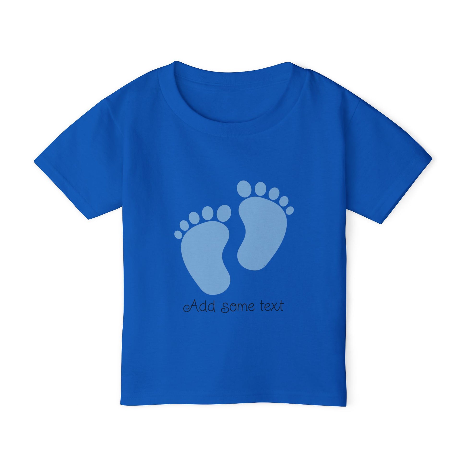 Blue t-shirt with light blue footprint graphic and text.