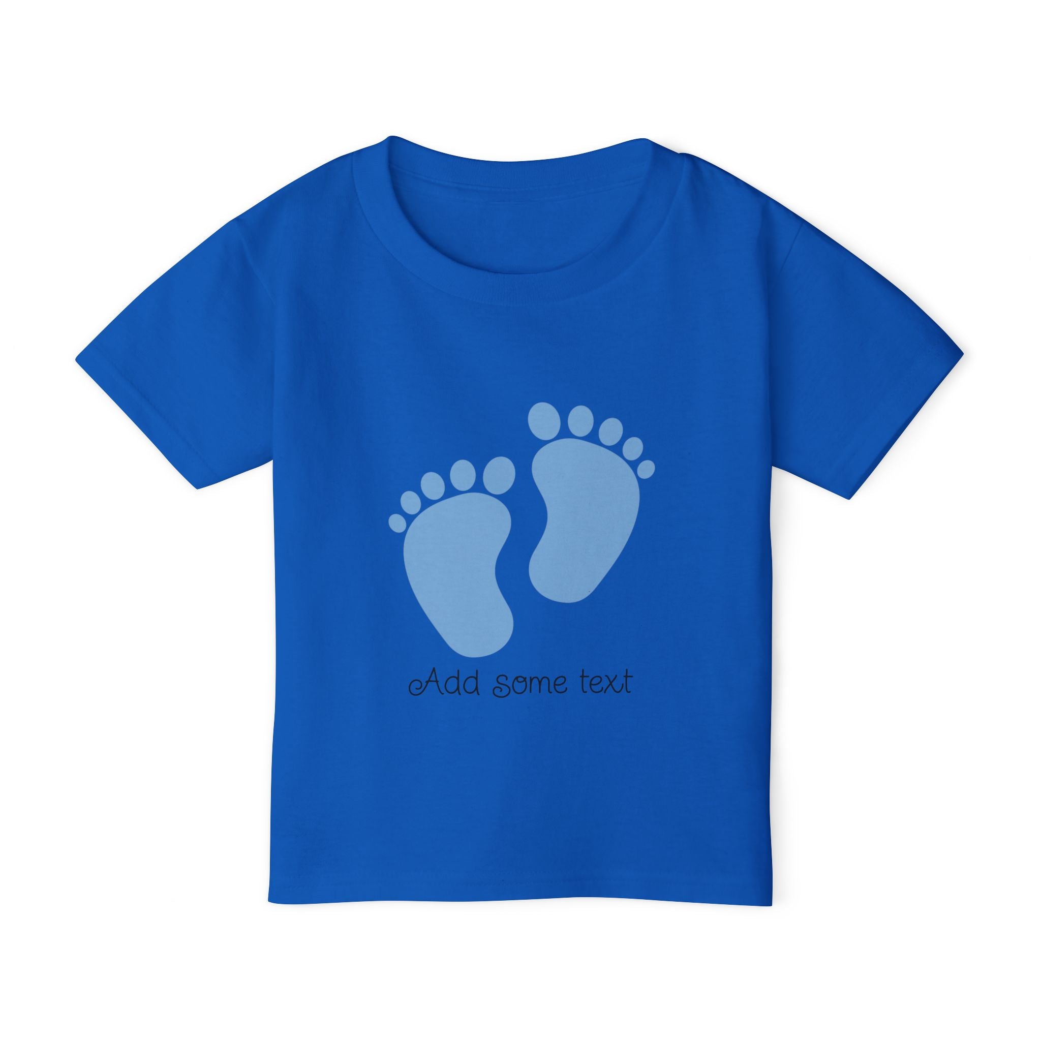 Blue t-shirt with light blue footprint graphic and text.