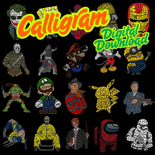 Calligram art featuring pop culture characters made from text on black background.