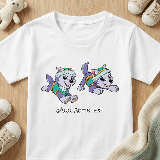 White t-shirt with two cartoon Huskies wearing winter hats, with "Add some text" below.