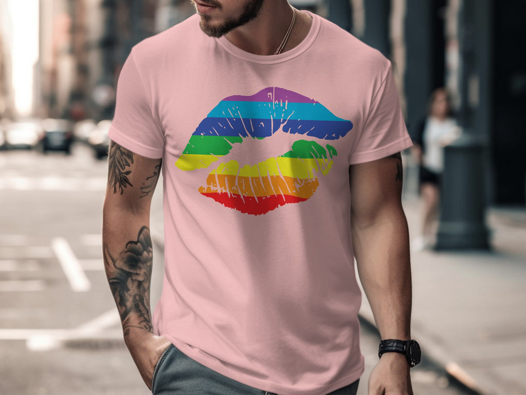 Pink t-shirt with a rainbow kissing lips graphic on the chest.