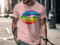 Pink t-shirt with a rainbow kissing lips graphic on the chest.