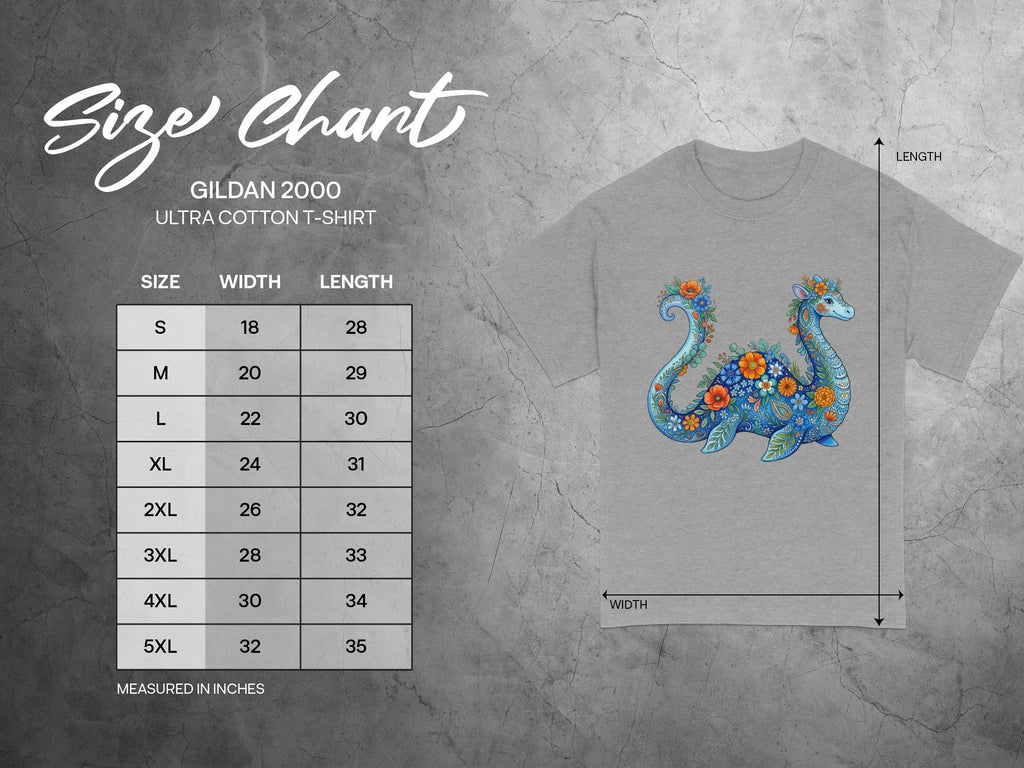 Gildan 2000 Ultra Cotton T-shirt size chart with detailed measurements.