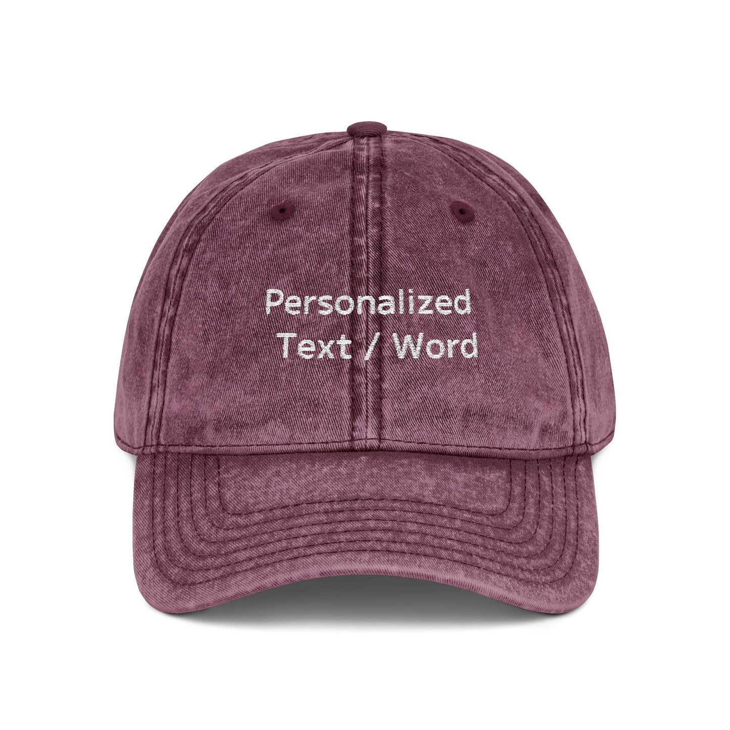 Maroon vintage-washed cap embroidered with "Personalized Text / Word".