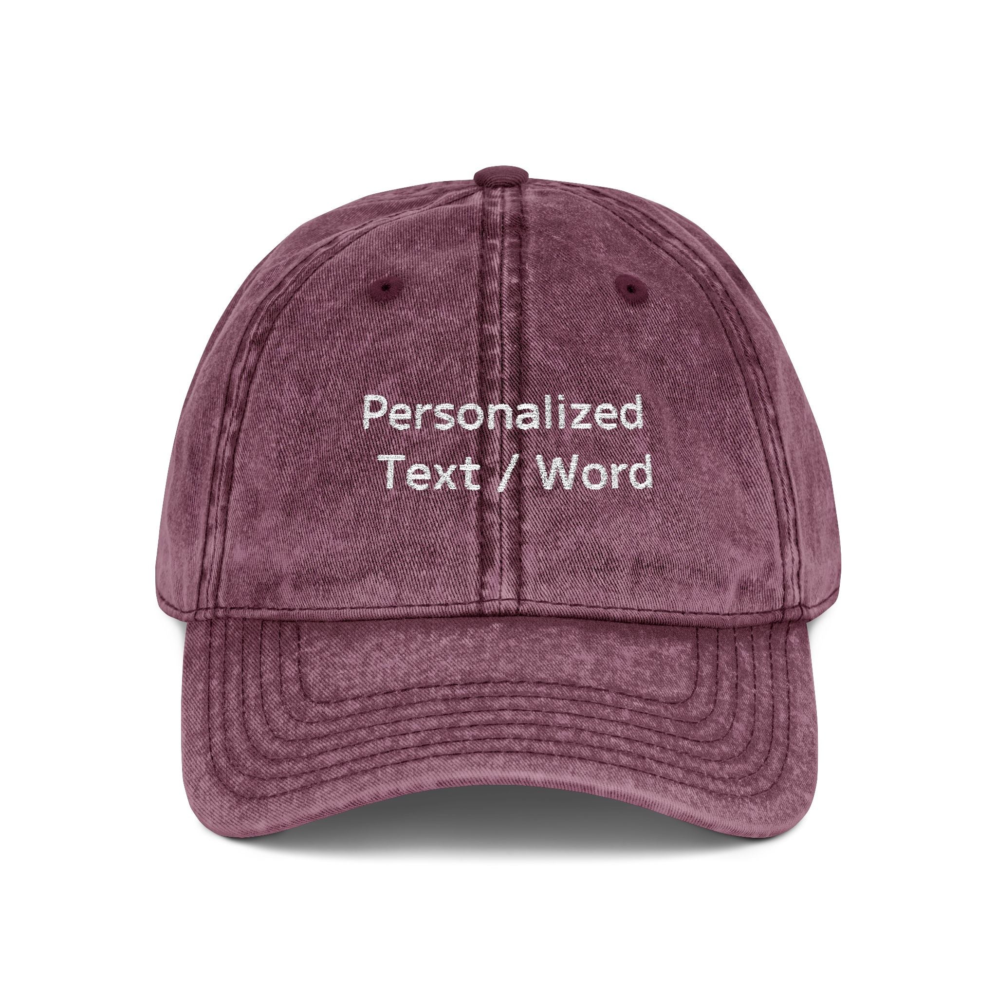 Maroon vintage-washed cap embroidered with "Personalized Text / Word".