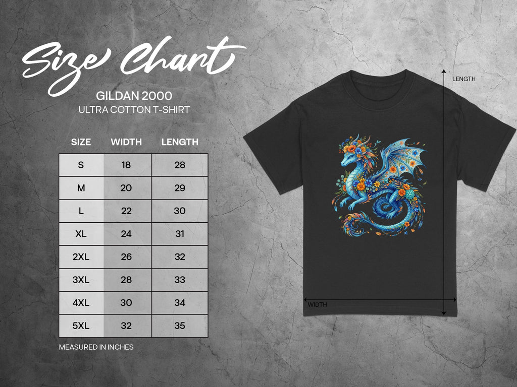 Gildan 2000 Ultra Cotton T-shirt size chart with width and length measurements.
