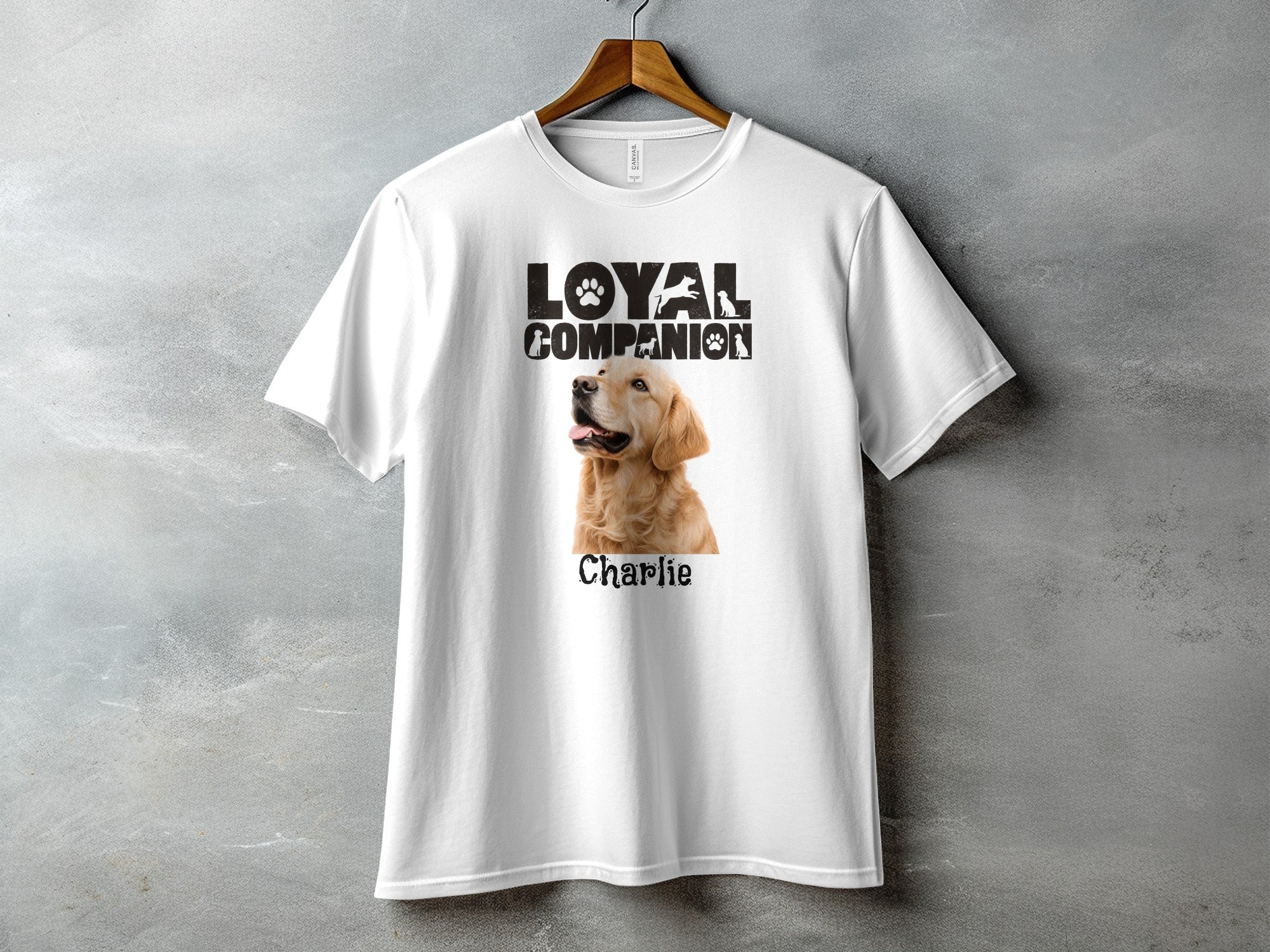 White t-shirt with dog image and text "Loyal Companion Charlie"