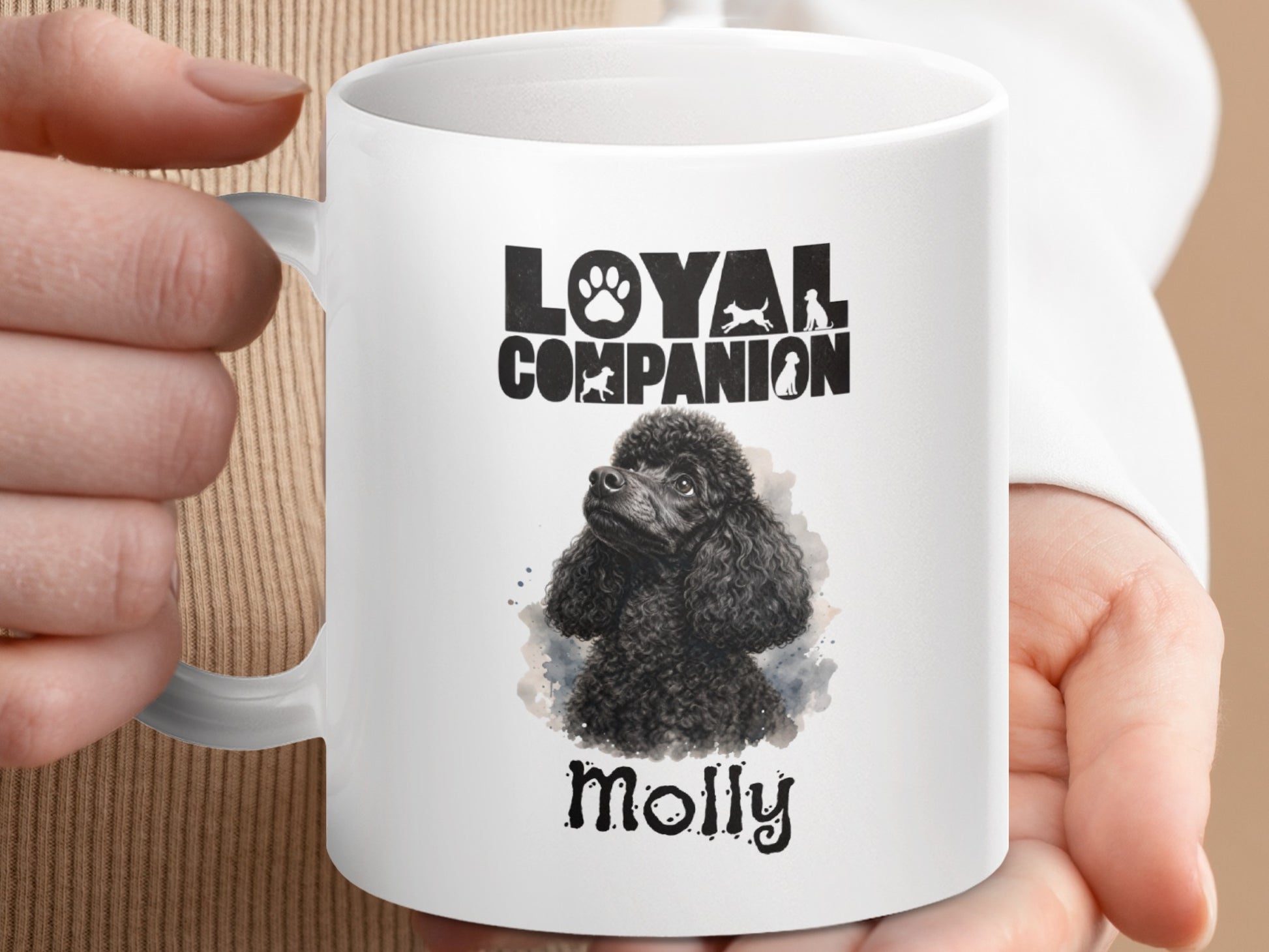 Mug with black poodle art and "Loyal Companion Molly" text.
