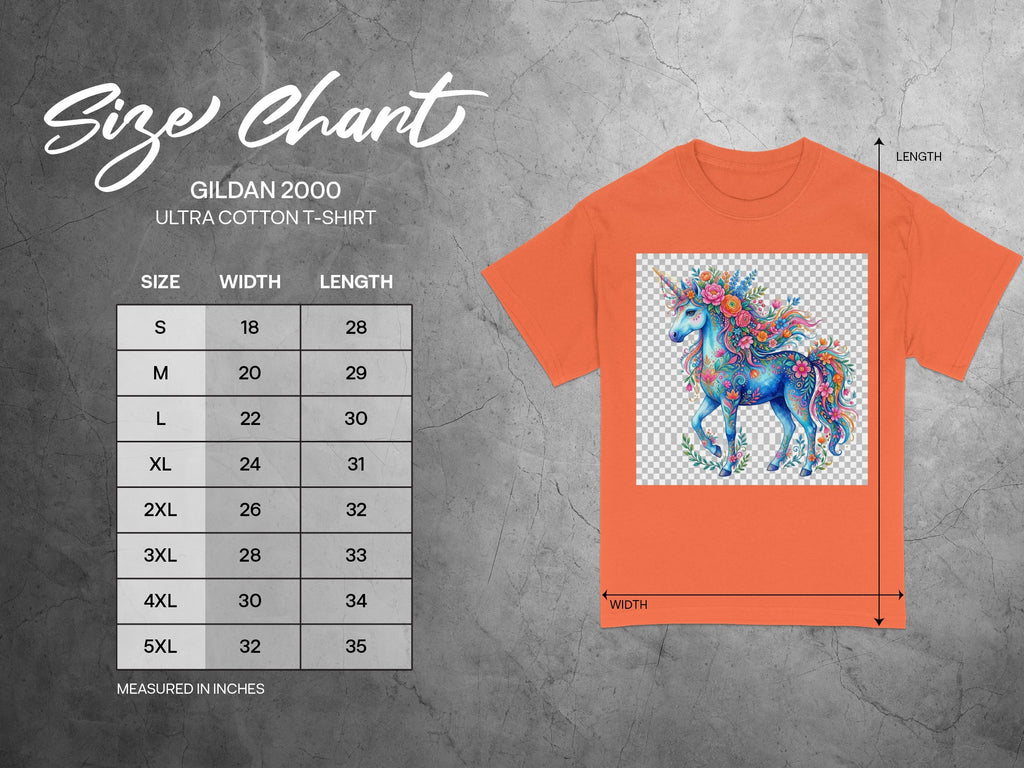 Gildan 2000 Ultra Cotton T-Shirt size chart with unicorn graphic, measured in inches.