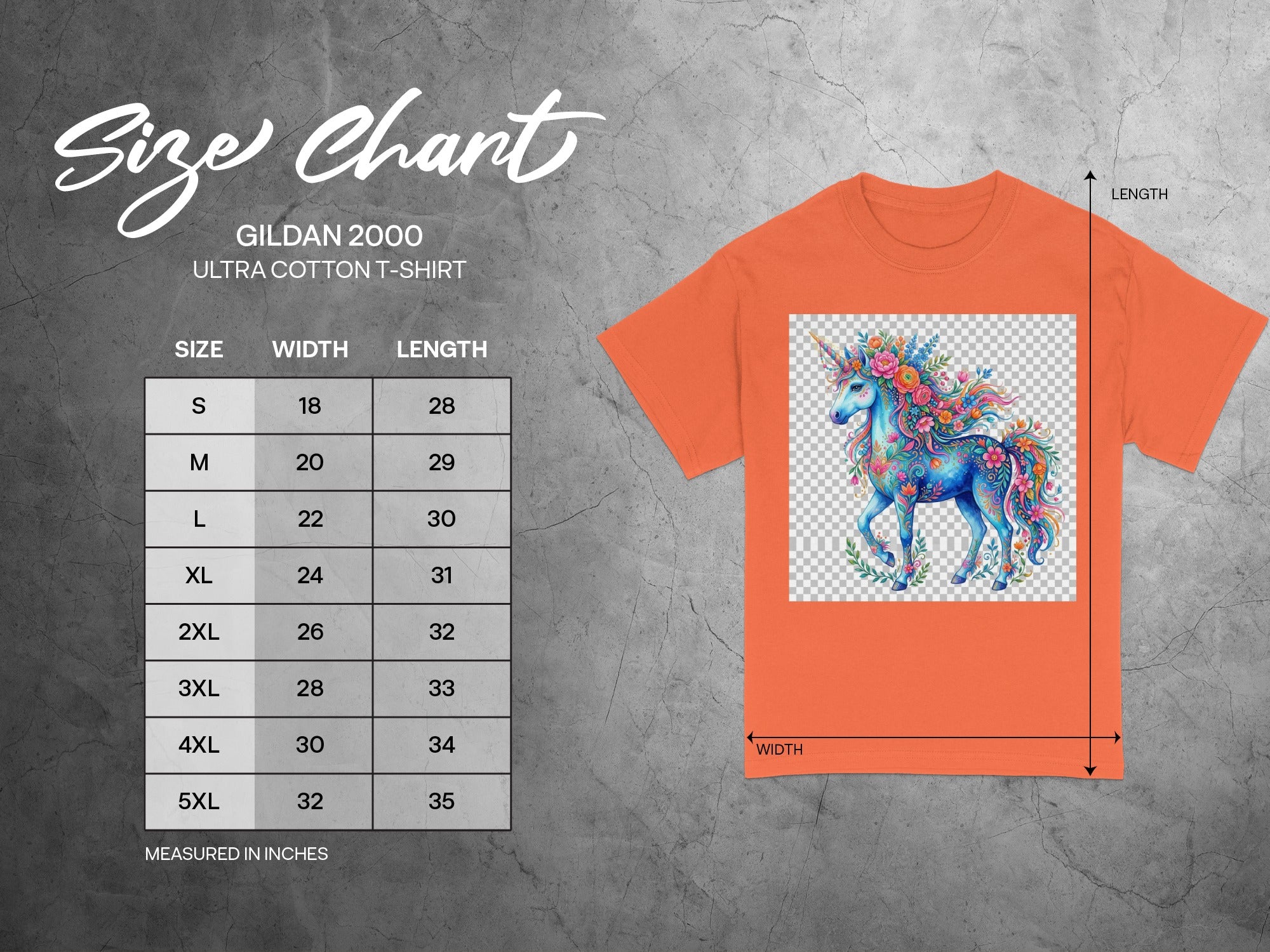 Gildan 2000 Ultra Cotton T-Shirt size chart with unicorn graphic, measured in inches.