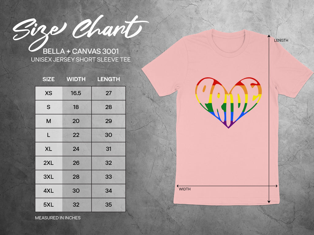 Size chart for Bella + Canvas 3001 unisex short sleeve tee with measurements in inches.