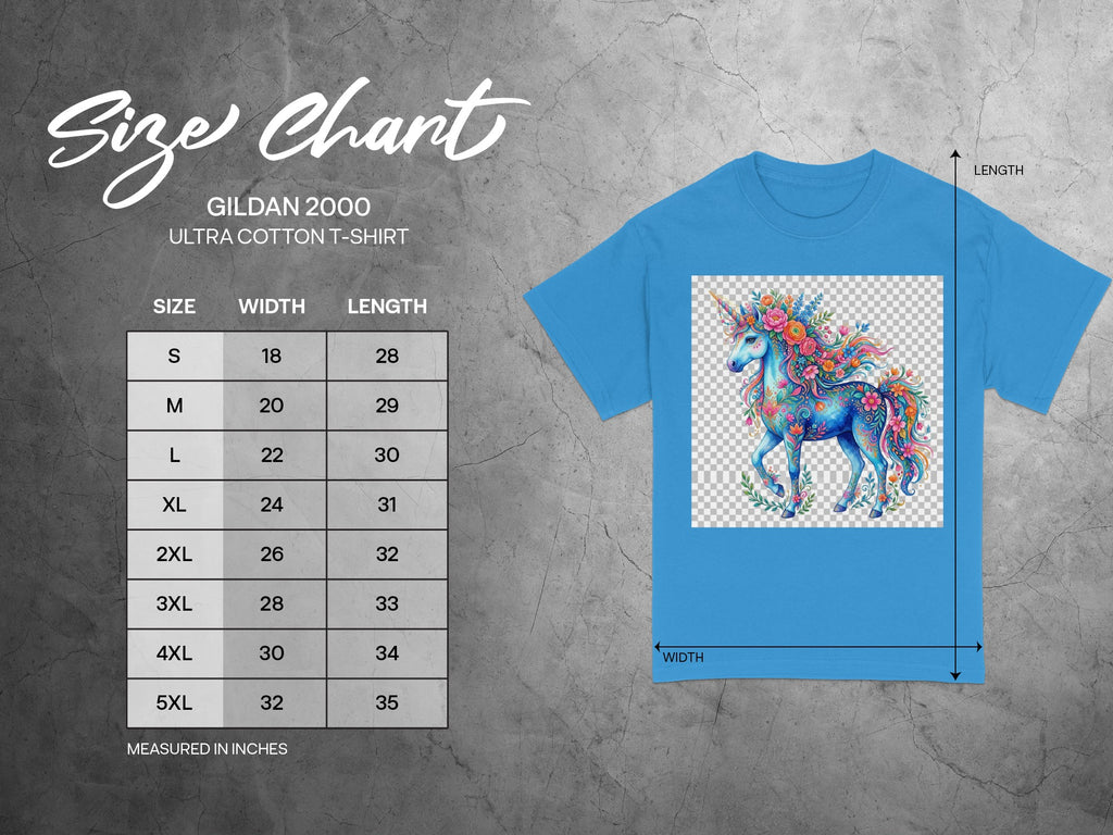 Gildan 2000 t-shirt size chart showing chest width and length in inches.