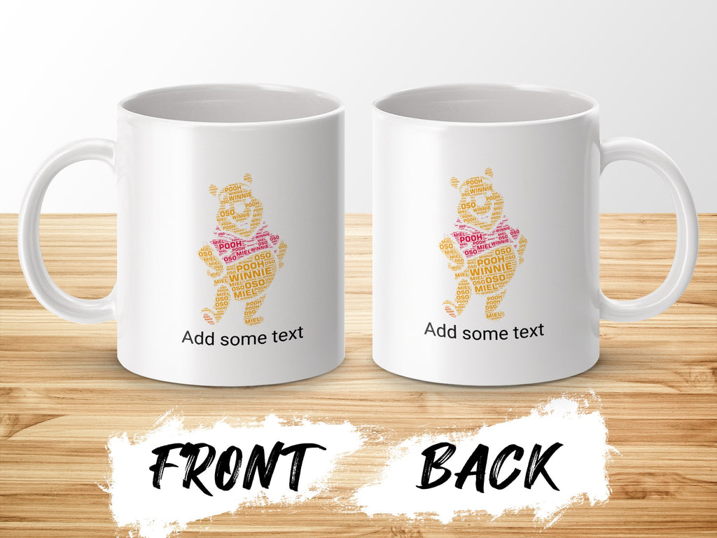 White mug with Winnie the Pooh word cloud design, front and back view.