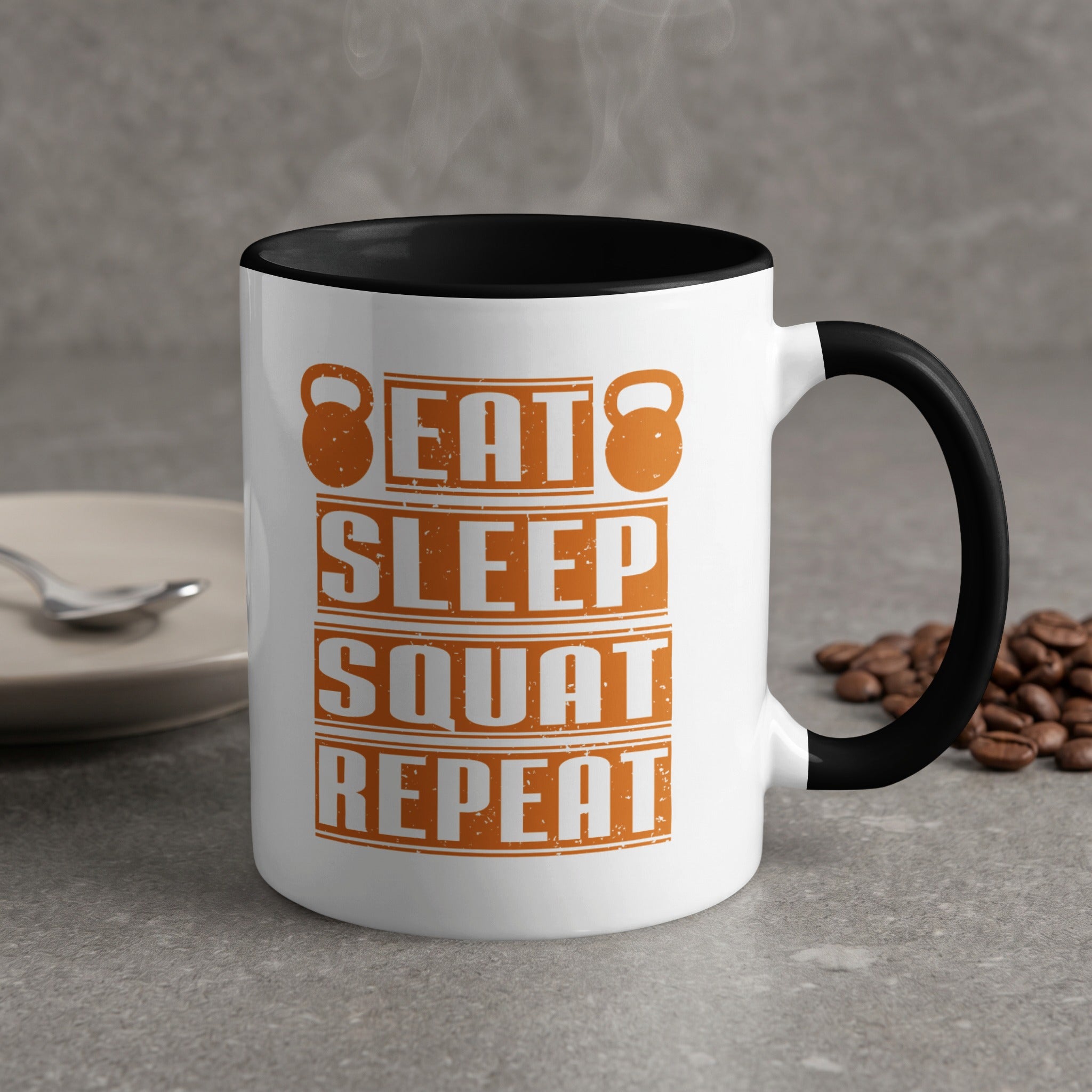 White mug with black rim and handle, "Eat Sleep Squat Repeat" text.