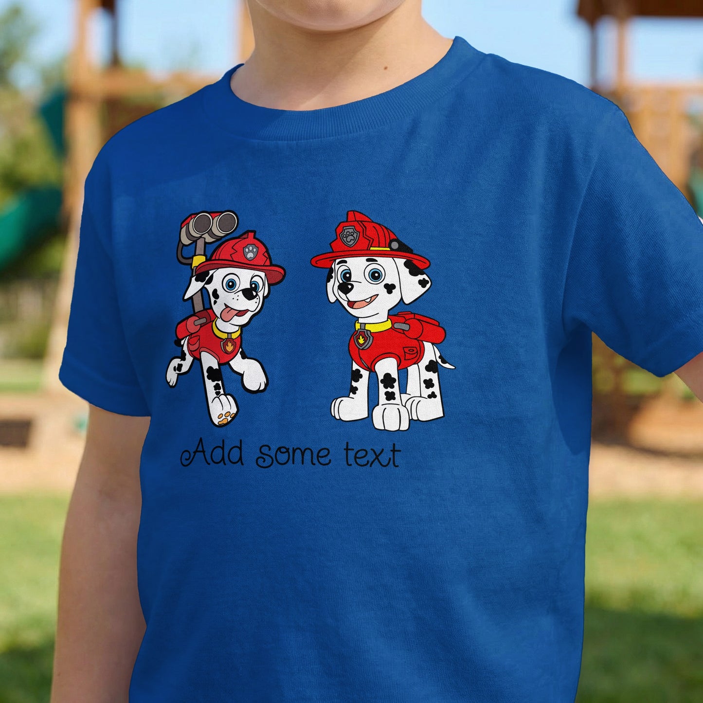 Blue t-shirt with cartoon dogs wearing firefighter gear and the text "Add some text".